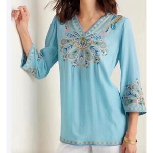 Soft Surroundings Blue Embroidered  Tunic Top Small boho whimsi dainty resort